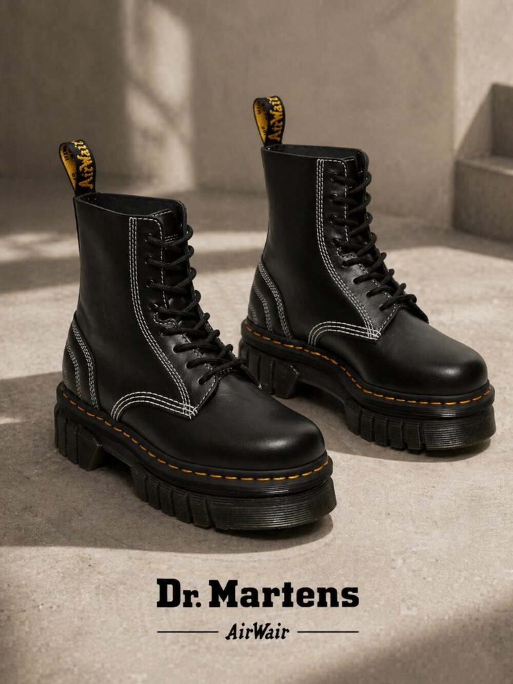 Dr Martens Audrick Platform Boots White Stitch Leather Womens Size 7